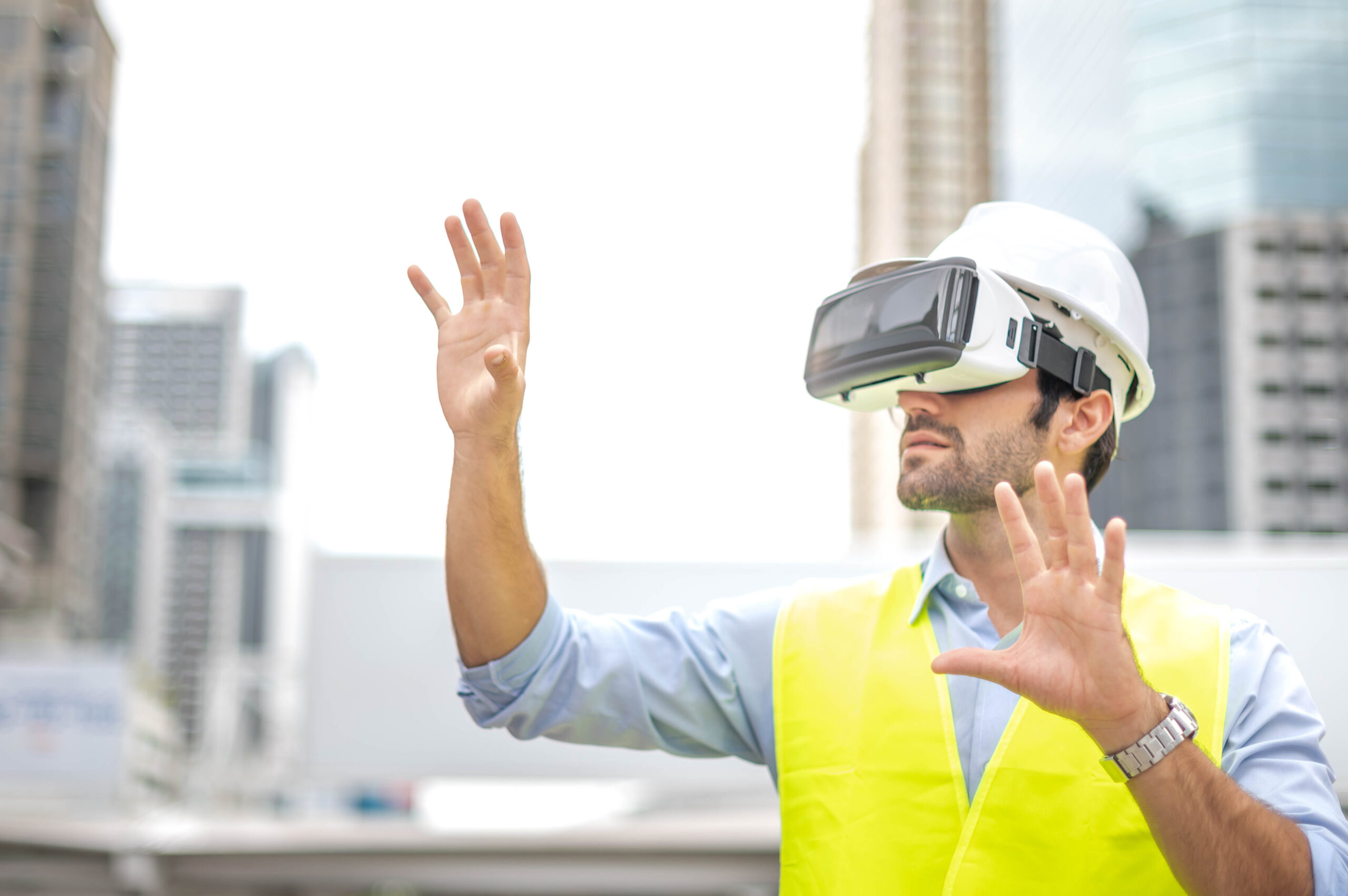 A city worker uses mixed reality glasses