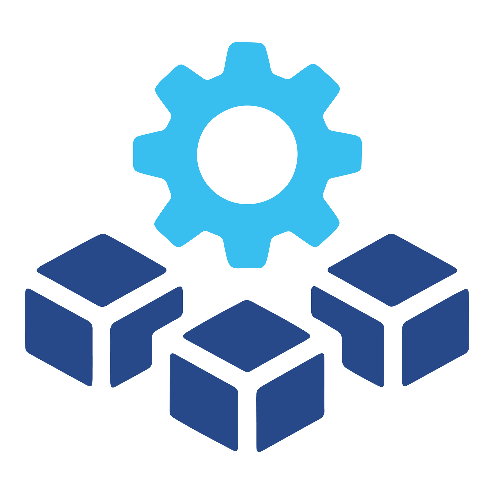A blue gear above three blue cubes. Credit: vecteezy