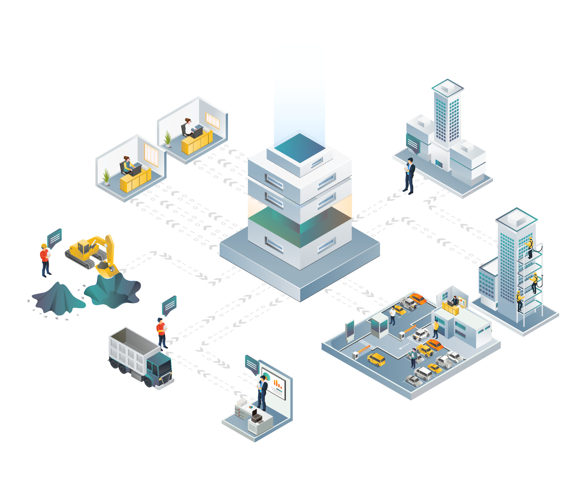 Branch workers send data to the center. Credit: vecteezy vector illustration