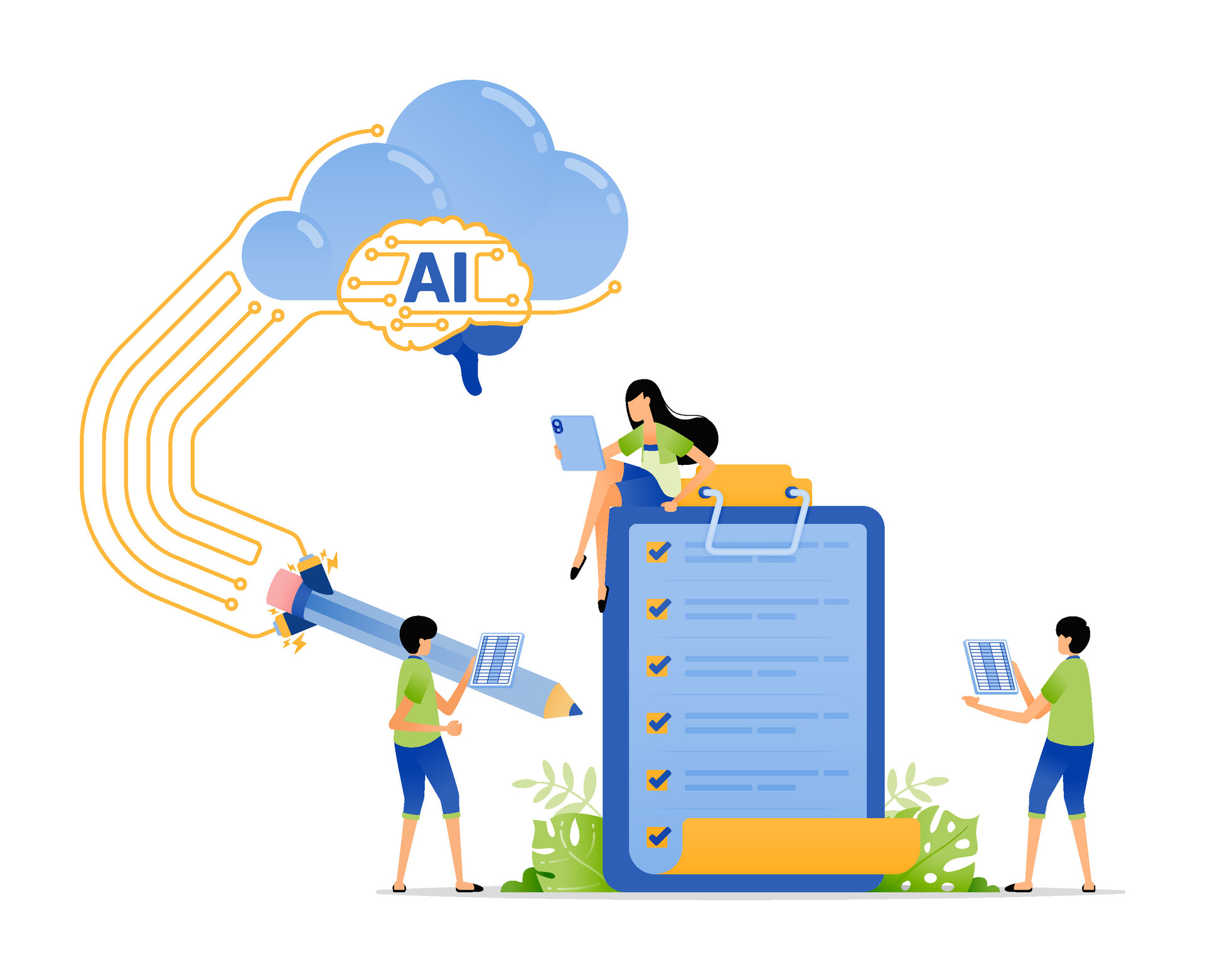 Credit: vecteezy. Vector illustrator or people surrounding an ipad which is cloud connected to AI.