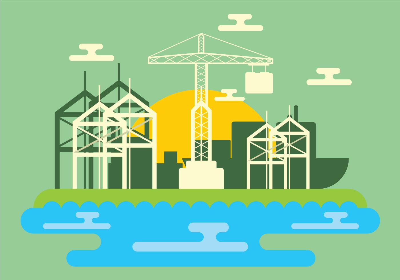 Illustration of a construction site, in greenish hues. Accentuates the sustainability in the construction sector