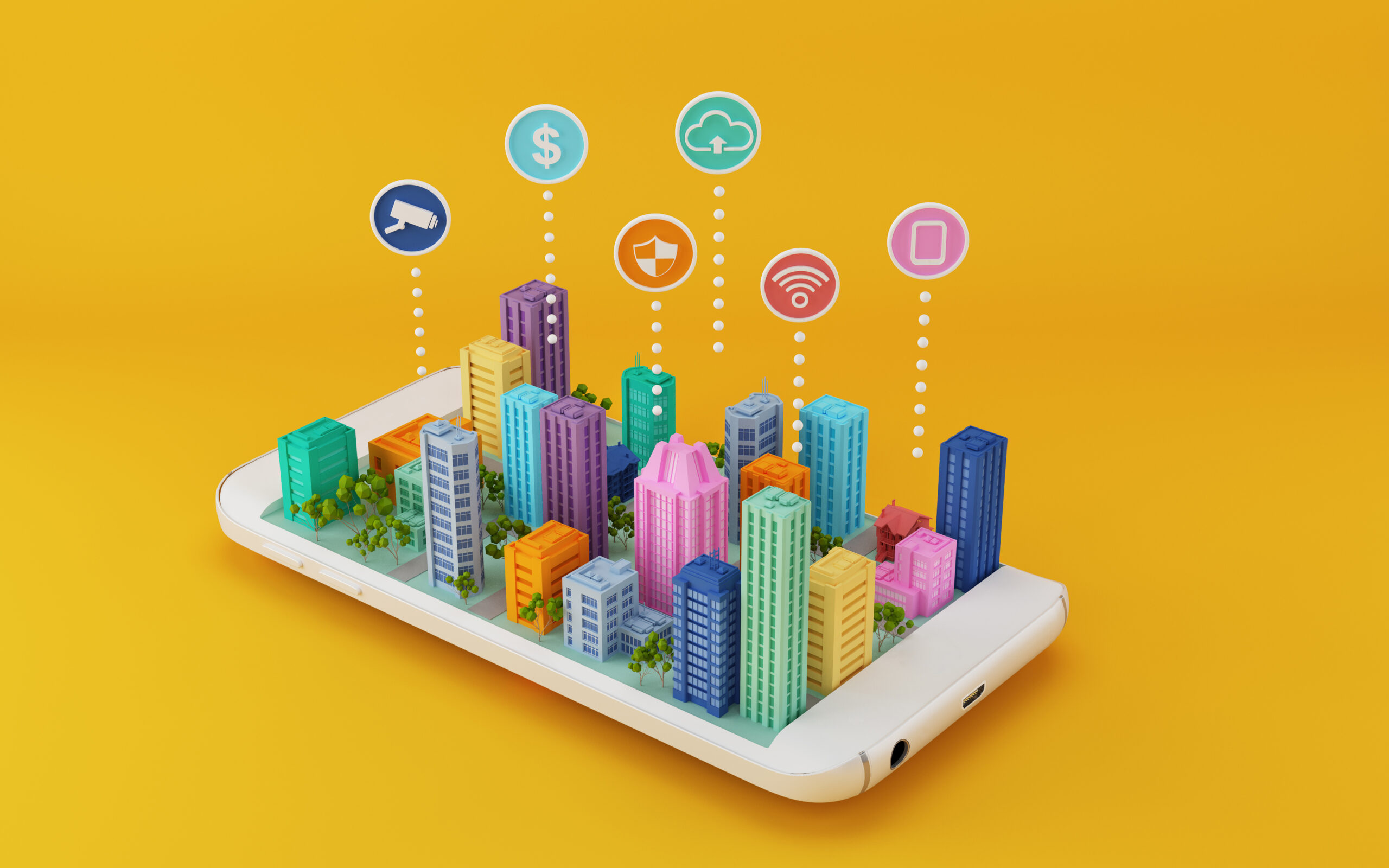 Smart city.City model on mobile phone with icon.3d rendering